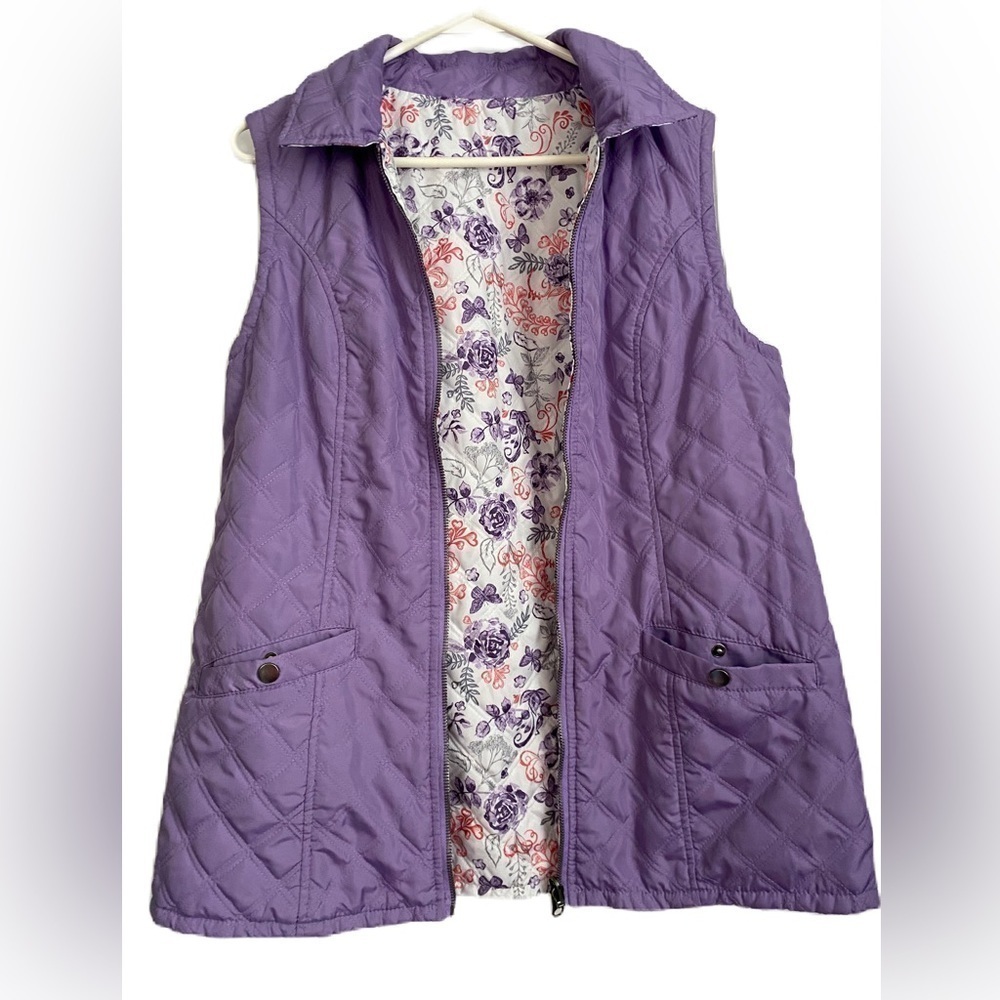 Women’s Reversible Vest Purple- Floral with Front Zip Stand Collar